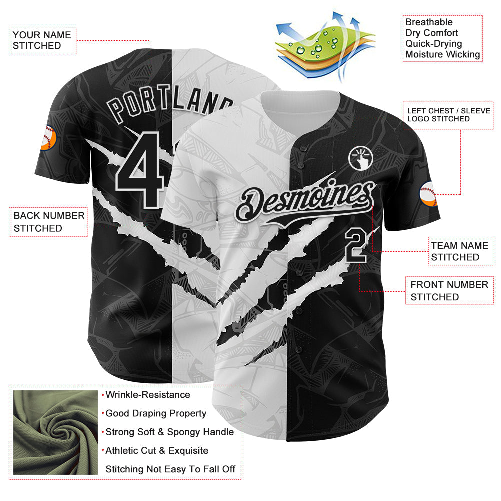 Custom Graffiti Pattern Black-White 3D Scratch Authentic Baseball Jersey - Sky-Custom