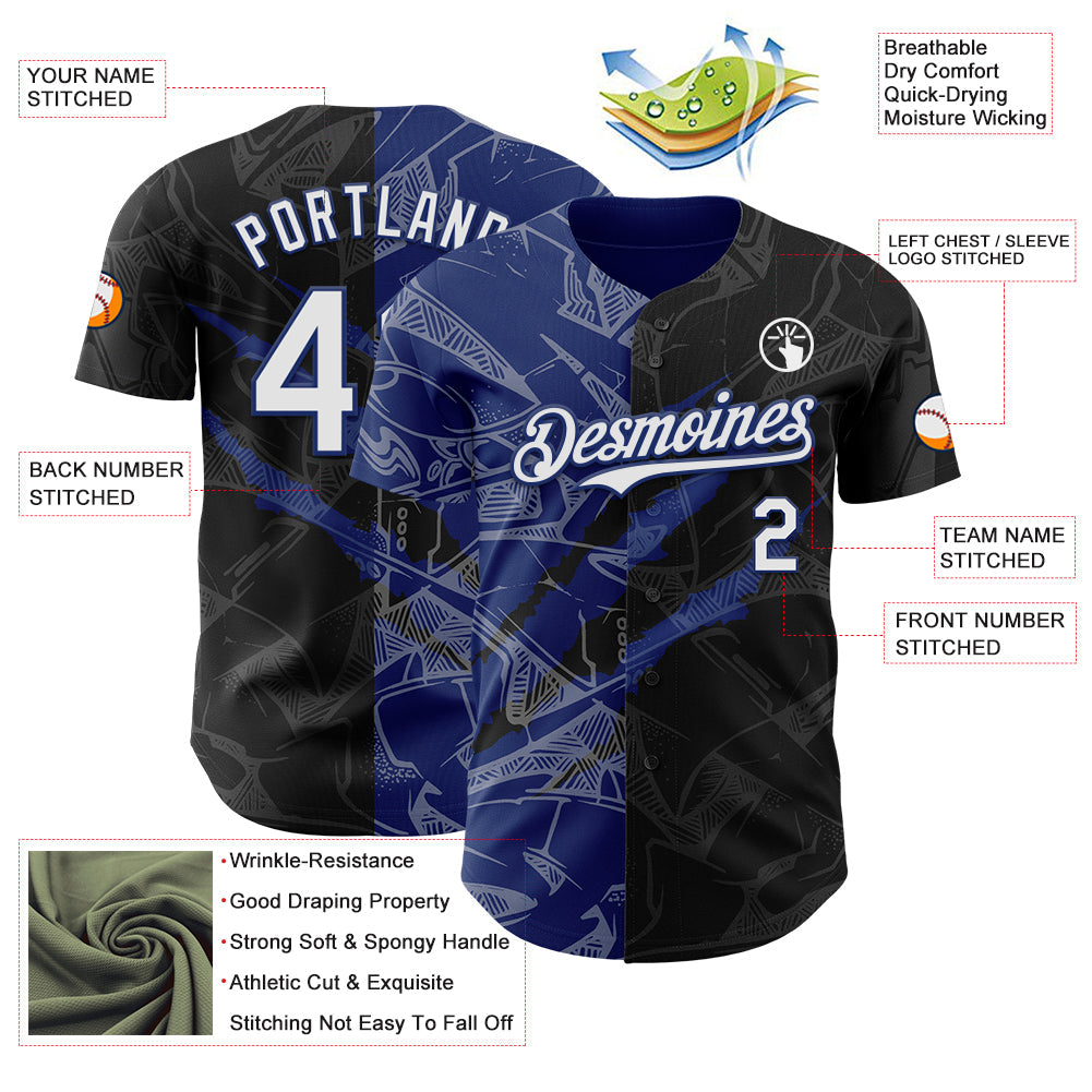 Custom Graffiti Pattern White Black-Royal 3D Scratch Authentic Baseball Jersey - Sky-Custom