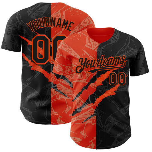 Custom Graffiti Pattern Black-Orange 3D Scratch Authentic Baseball Jersey - Sky-Custom
