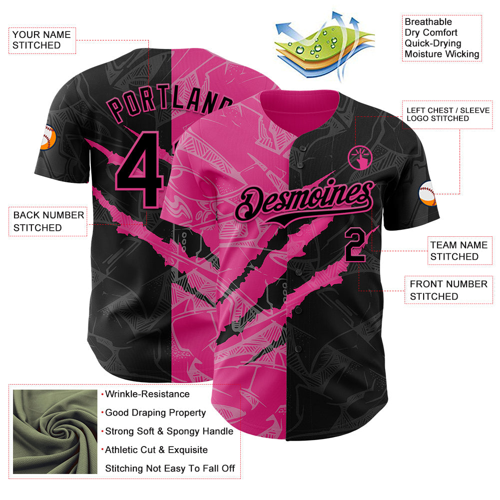 Custom Graffiti Pattern Black-Pink 3D Scratch Authentic Baseball Jersey - Sky-Custom