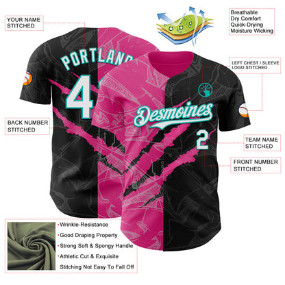 Custom Graffiti Pattern White Black Pink-Aqua 3D Scratch Authentic Baseball Jersey - Sky-Custom