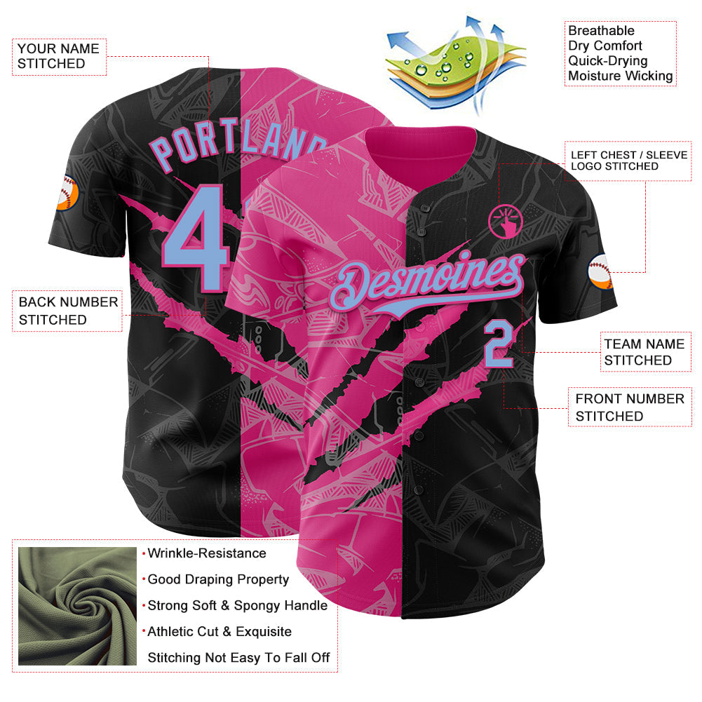 Custom Graffiti Pattern Light Blue Black-Pink 3D Scratch Authentic Baseball Jersey - Sky-Custom
