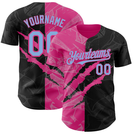 Custom Graffiti Pattern Light Blue Black-Pink 3D Scratch Authentic Baseball Jersey - Sky-Custom