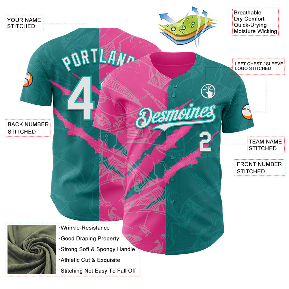 Custom Graffiti Pattern White Teal-Pink 3D Scratch Authentic Baseball Jersey - Sky-Custom
