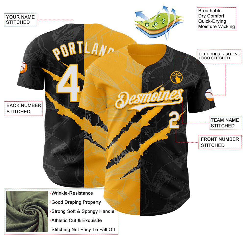 Custom Graffiti Pattern White Black-Gold 3D Scratch Authentic Baseball Jersey - Sky-Custom