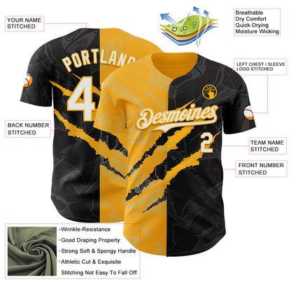Custom Graffiti Pattern White Black-Gold 3D Scratch Authentic Baseball Jersey - Sky-Custom