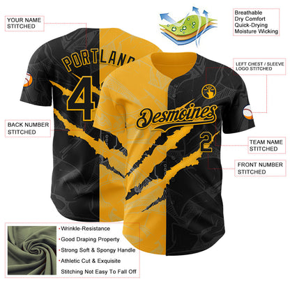 Custom Graffiti Pattern Black-Gold 3D Scratch Authentic Baseball Jersey - Sky-Custom
