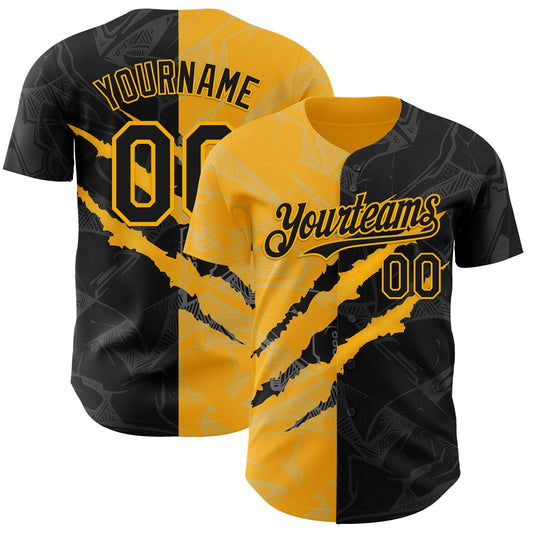 Custom Graffiti Pattern Black-Gold 3D Scratch Authentic Baseball Jersey - Sky-Custom