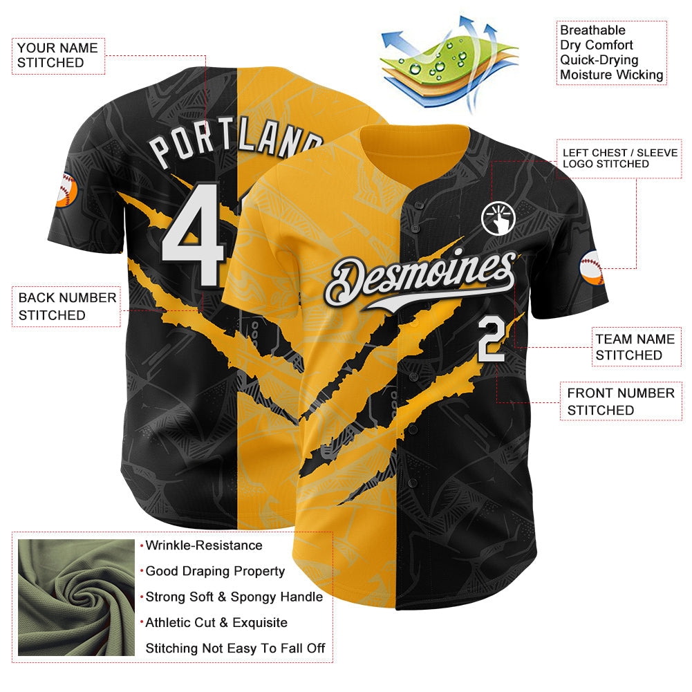 Custom Graffiti Pattern White Black-Gold 3D Scratch Authentic Baseball Jersey - Sky-Custom