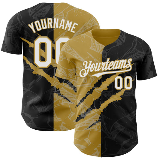 Custom Graffiti Pattern White Black-Old Gold 3D Scratch Authentic Baseball Jersey - Sky-Custom
