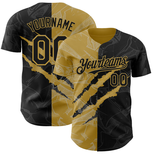 Custom Graffiti Pattern Black-Old Gold 3D Scratch Authentic Baseball Jersey - Sky-Custom