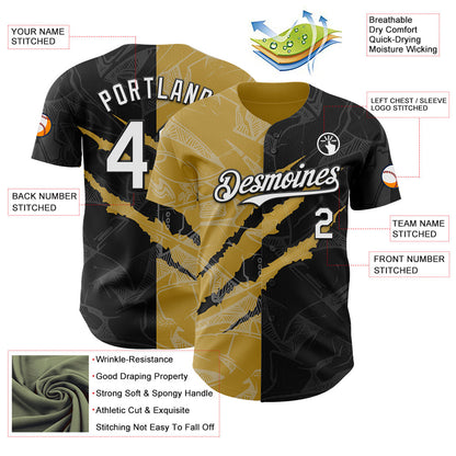 Custom Graffiti Pattern White Black-Old Gold 3D Scratch Authentic Baseball Jersey - Sky-Custom
