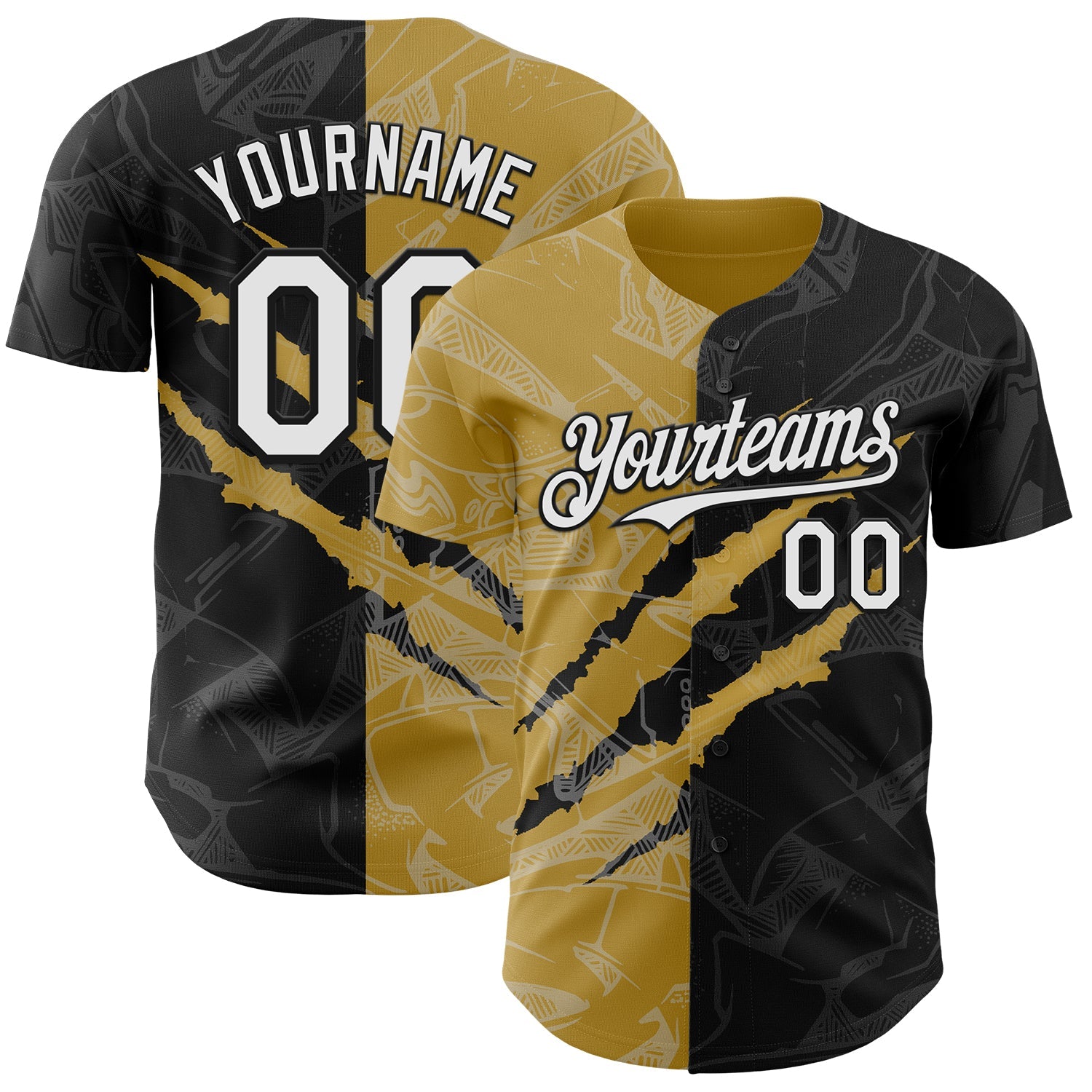 Custom Graffiti Pattern White Black-Old Gold 3D Scratch Authentic Baseball Jersey - Sky-Custom