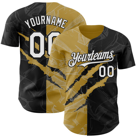 Custom Graffiti Pattern White Black-Old Gold 3D Scratch Authentic Baseball Jersey - Sky-Custom