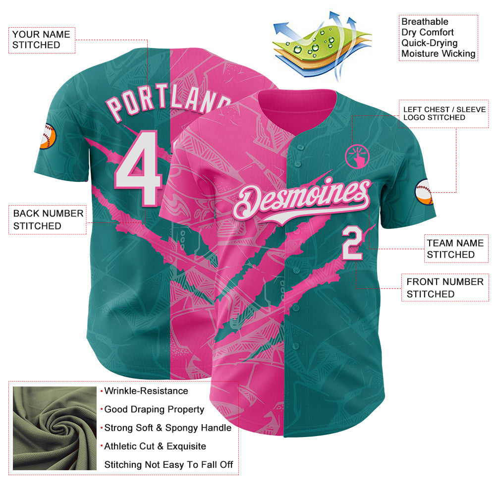 Custom Graffiti Pattern White Teal-Pink 3D Scratch Authentic Baseball Jersey - Sky-Custom
