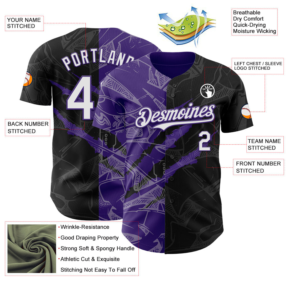 Custom Graffiti Pattern White Black-Purple 3D Scratch Authentic Baseball Jersey - Sky-Custom