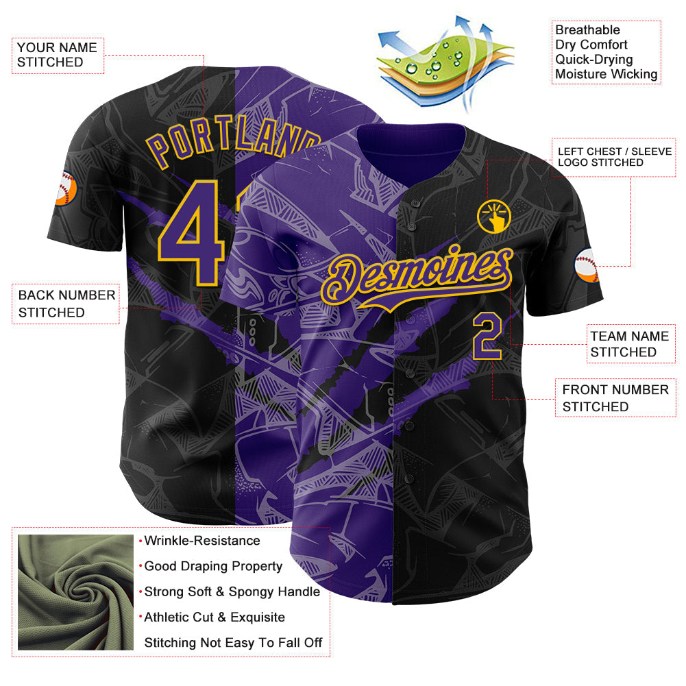 Custom Graffiti Pattern Purple Black-Yellow 3D Scratch Authentic Baseball Jersey - Sky-Custom