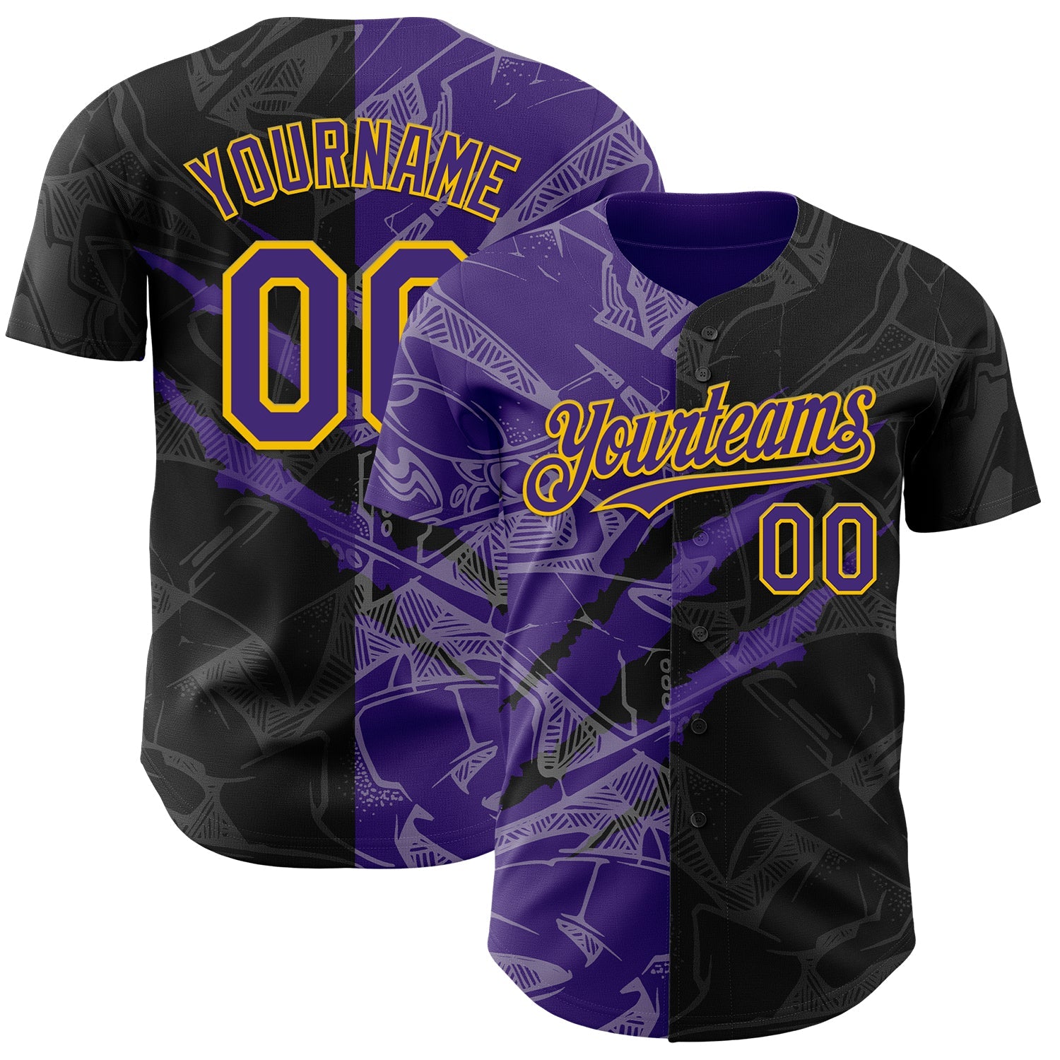 Custom Graffiti Pattern Purple Black-Yellow 3D Scratch Authentic Baseball Jersey - Sky-Custom