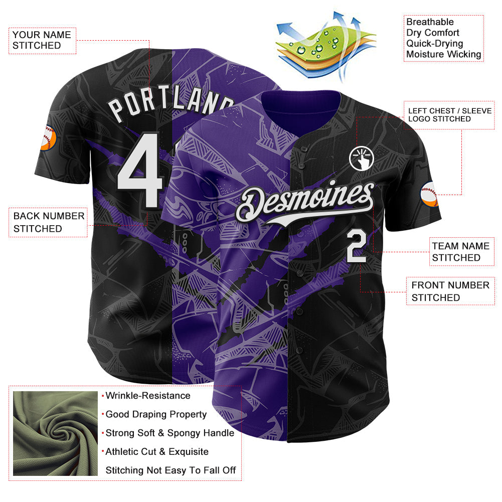 Custom Graffiti Pattern White Black-Purple 3D Scratch Authentic Baseball Jersey - Sky-Custom