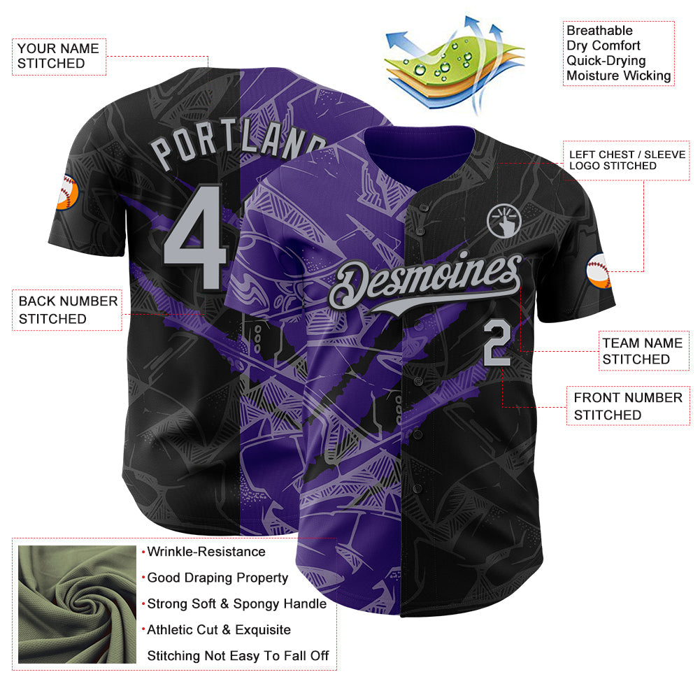 Custom Graffiti Pattern Gray Black-Purple 3D Scratch Authentic Baseball Jersey - Sky-Custom