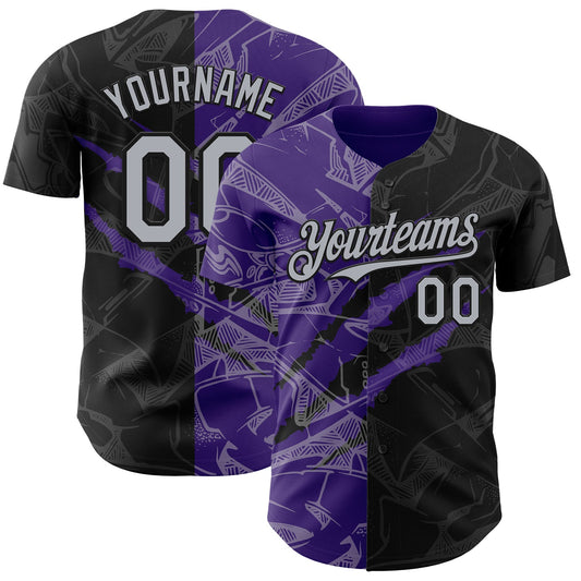 Custom Graffiti Pattern Gray Black-Purple 3D Scratch Authentic Baseball Jersey - Sky-Custom