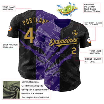 Custom Graffiti Pattern Old Gold Black-Purple 3D Scratch Authentic Baseball Jersey - Sky-Custom