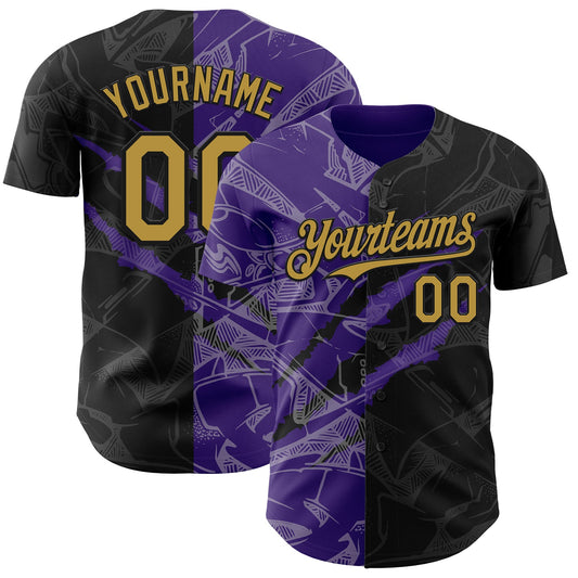 Custom Graffiti Pattern Old Gold Black-Purple 3D Scratch Authentic Baseball Jersey - Sky-Custom