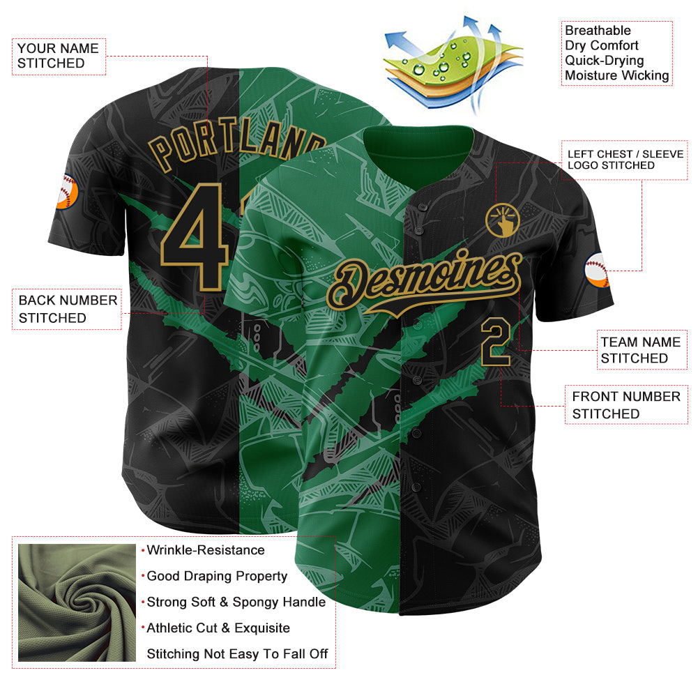 Custom Graffiti Pattern Black Kelly Green-Old Gold 3D Scratch Authentic Baseball Jersey - Sky-Custom