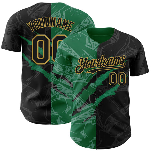 Custom Graffiti Pattern Black Kelly Green-Old Gold 3D Scratch Authentic Baseball Jersey - Sky-Custom