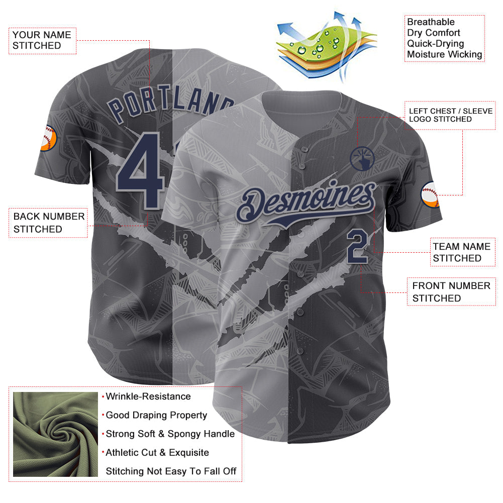 Custom Graffiti Pattern Navy Steel Gray-Gray 3D Scratch Authentic Baseball Jersey - Sky-Custom