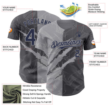 Custom Graffiti Pattern Navy Steel Gray-Gray 3D Scratch Authentic Baseball Jersey - Sky-Custom