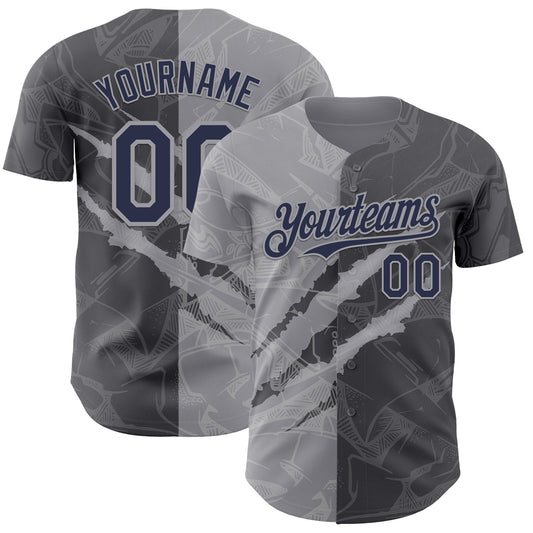 Custom Graffiti Pattern Navy Steel Gray-Gray 3D Scratch Authentic Baseball Jersey - Sky-Custom