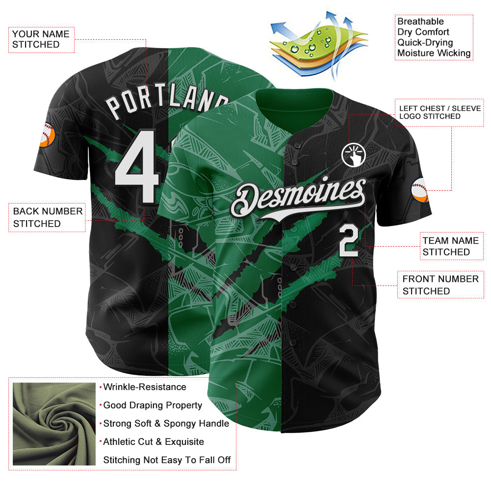 Custom Graffiti Pattern White Black-Kelly Green 3D Scratch Authentic Baseball Jersey - Sky-Custom