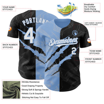 Custom Graffiti Pattern White Black-Light Blue 3D Scratch Authentic Baseball Jersey - Sky-Custom