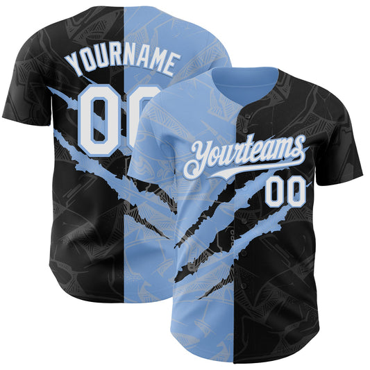Custom Graffiti Pattern White Black-Light Blue 3D Scratch Authentic Baseball Jersey - Sky-Custom