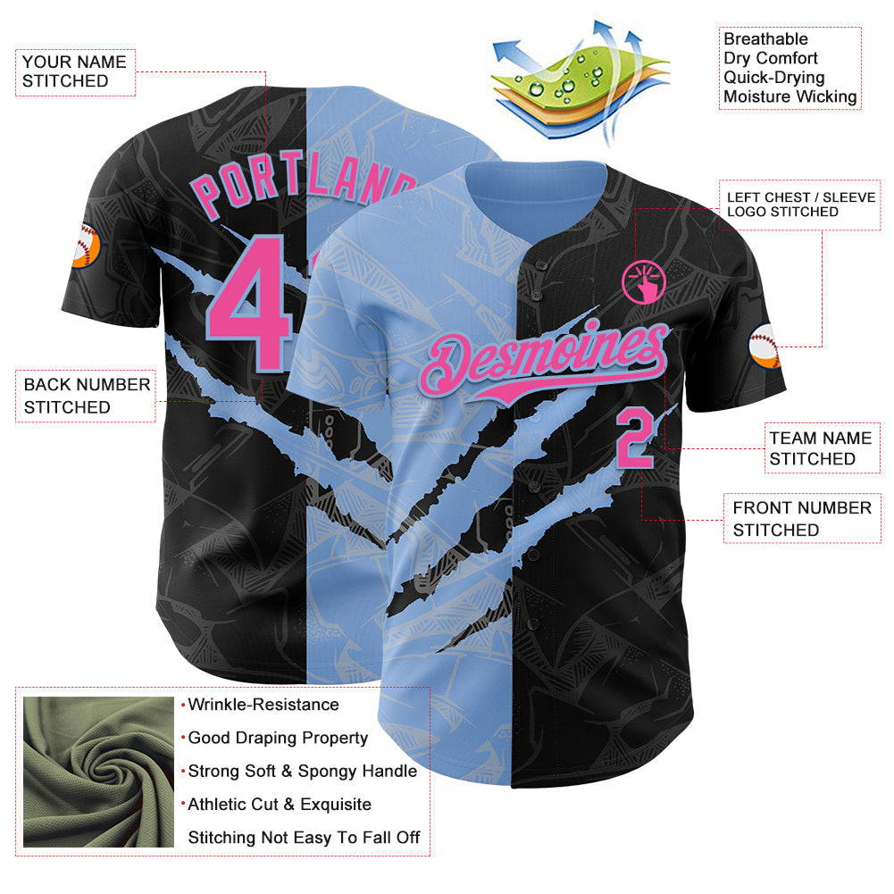 Custom Graffiti Pattern Pink Black-Light Blue 3D Scratch Authentic Baseball Jersey - Sky-Custom