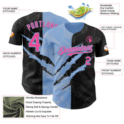 Custom Graffiti Pattern Pink Black-Light Blue 3D Scratch Authentic Baseball Jersey - Sky-Custom