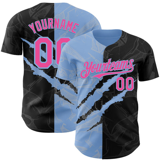 Custom Graffiti Pattern Pink Black-Light Blue 3D Scratch Authentic Baseball Jersey - Sky-Custom