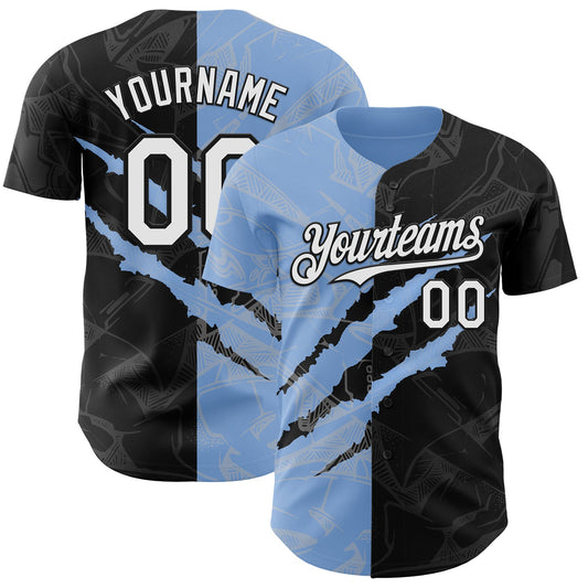 Custom Graffiti Pattern White Black-Light Blue 3D Scratch Authentic Baseball Jersey - Sky-Custom