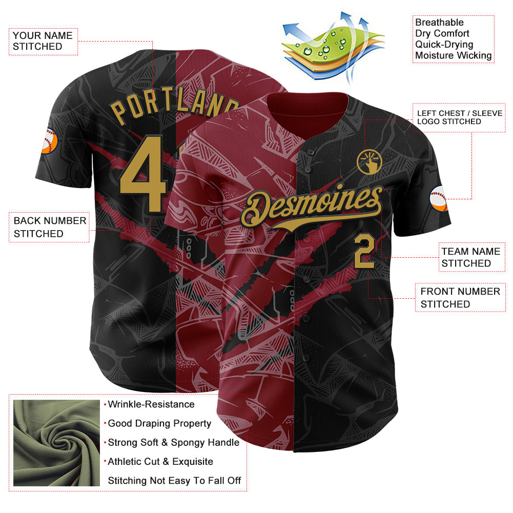 Custom Graffiti Pattern Old Gold Black-Crimson 3D Scratch Authentic Baseball Jersey - Sky-Custom