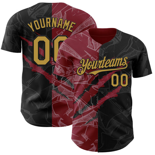 Custom Graffiti Pattern Old Gold Black-Crimson 3D Scratch Authentic Baseball Jersey - Sky-Custom
