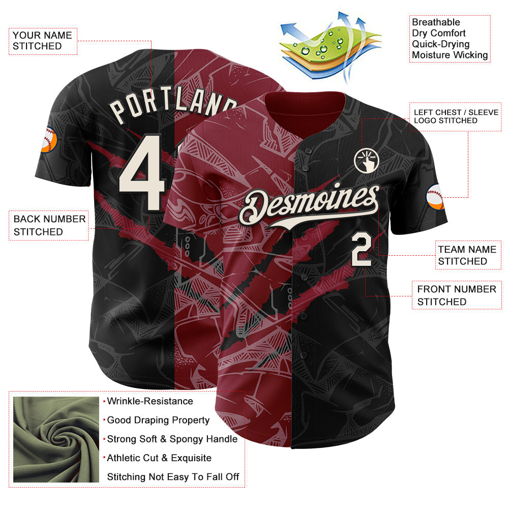 Custom Graffiti Pattern Cream Black-Crimson 3D Scratch Authentic Baseball Jersey - Sky-Custom