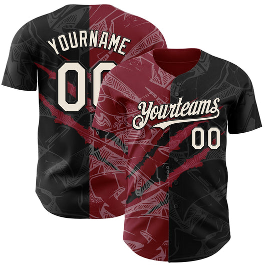 Custom Graffiti Pattern Cream Black-Crimson 3D Scratch Authentic Baseball Jersey - Sky-Custom