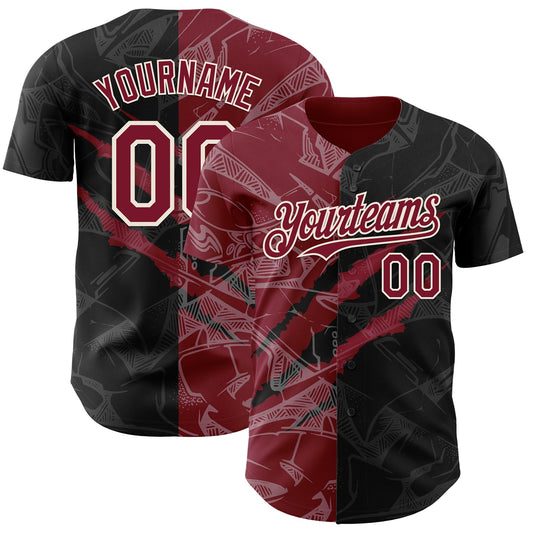 Custom Graffiti Pattern Crimson Black-Cream 3D Scratch Authentic Baseball Jersey - Sky-Custom