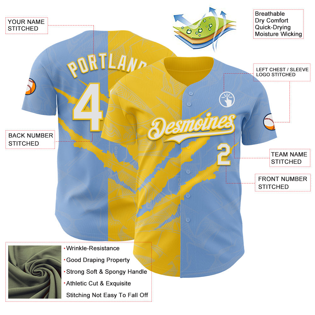 Custom Graffiti Pattern White Light Blue-Yellow 3D Scratch Authentic Baseball Jersey - Sky-Custom