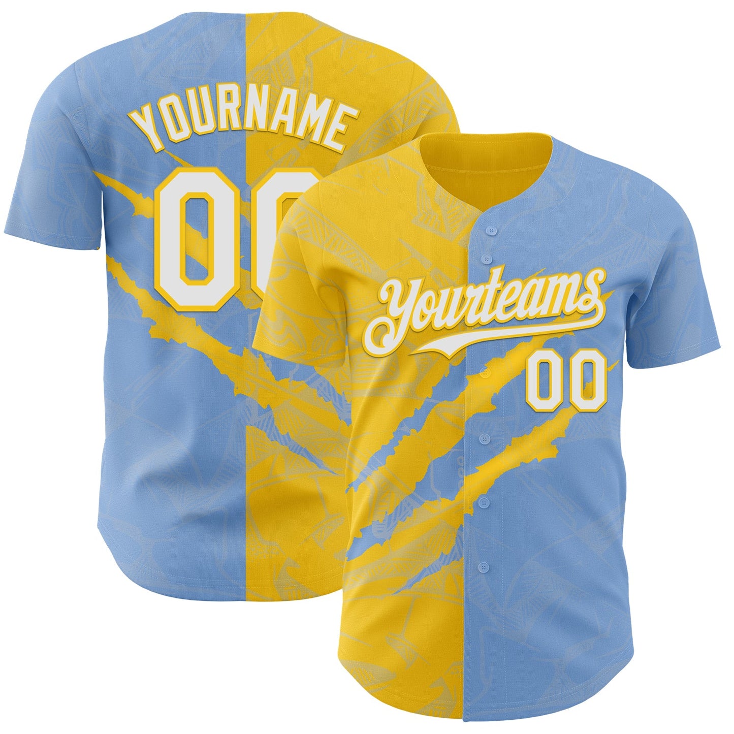 Custom Graffiti Pattern White Light Blue-Yellow 3D Scratch Authentic Baseball Jersey - Sky-Custom