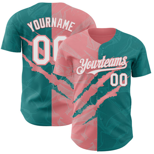 Custom Graffiti Pattern White Teal-Medium Pink 3D Scratch Authentic Baseball Jersey - Sky-Custom
