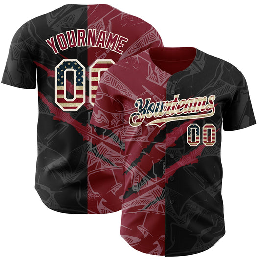 Custom Graffiti Pattern Vintage USA Flag Black Crimson-Cream 3D Scratch Authentic Baseball Jersey - Sky-Custom