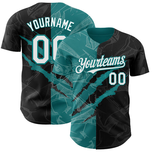 Custom Graffiti Pattern White Black-Teal 3D Scratch Authentic Baseball Jersey - Sky-Custom