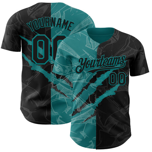 Custom Graffiti Pattern Black-Teal 3D Scratch Authentic Baseball Jersey - Sky-Custom